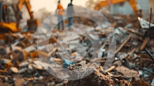 Defocused devastation Amidst a blurry backdrop of ruined buildings and debris a team of humanitarian workers tirelessly