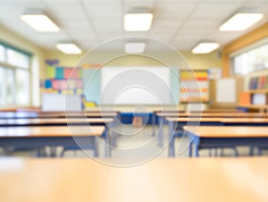 Abstract Blur Classroom Interior with Desks and Whiteboard photo