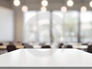 Abstract Blur Classroom Interior with Desks and Whiteboard photo