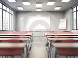 Abstract Blur Classroom Interior with Desks and Whiteboard photo