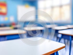 Abstract Blur Classroom Interior with Desks and Whiteboard photo