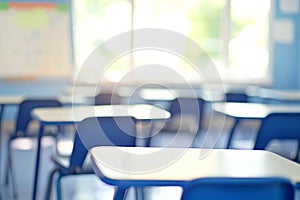 Abstract Blur Classroom Interior with Desks and Whiteboard photo