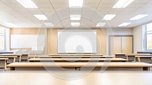 Abstract Blur Classroom Interior with Desks and Whiteboard photo