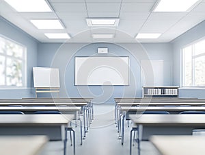 Abstract Blur Classroom Interior with Desks and Whiteboard photo