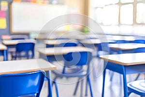 Abstract Blur Classroom Interior with Desks and Whiteboard photo
