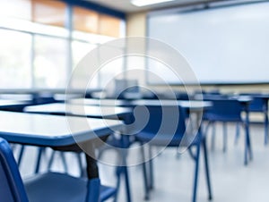 Abstract Blur Classroom Interior with Desks and Whiteboard photo