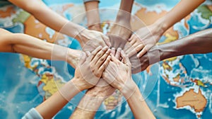 Defocused image of a group of hands forming a circle representing the bond and cooperation that exists a people from all