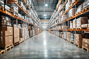 Abstract Blur Industrial Warehouse Interior with Storage Shelves