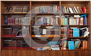 Defocused image. Multi-colored books on the bookshelf in the library. The bokeh effect