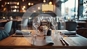 Abstract Blur Restaurant Interior with Dining Tables photo