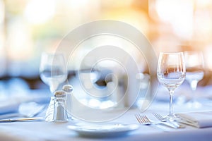 Abstract Blur Restaurant Interior with Dining Tables photo