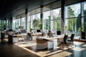 Defocused image of workplace in modern elegant office