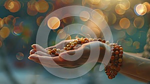 Defocused images of hands holding rosary beads moving in unison with quiet chants photo