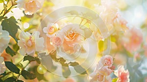 Defocused midst of a Pastel Paradise Soft hues of baby pinks leafy greens and buttery yellows create a dreamy garden