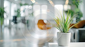 Defocused Modern Workspace A hazy image of sleek desk setups ergonomic chairs and potted plants in a bright airy office