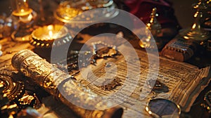 Defocused objects of wonder fill the background image of Treasures Untold with golden jewels mysterious scrolls and