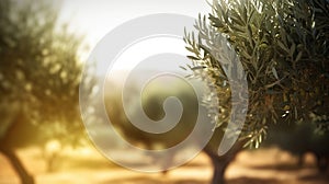 defocused olive fiel trees background with branches on the side at