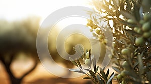 defocused olive fiel trees background with branches on the side at morning