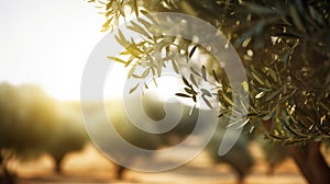 defocused olive fiel trees background with branches on the side at morning