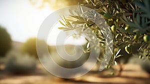 defocused olive fiel trees background with branches on the side at morning