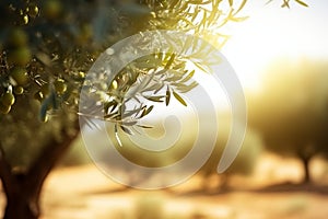 defocused olive fiel trees background with branches on the side at morning sunshine with copyspace area,Generative AI