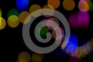 Defocused of photo bokeh blurred circle light from colorful neon lighting bulb in the night for abstract background