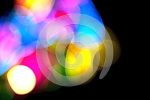 Defocused of photo bokeh blurred circle light from colorful neon lighting bulb in the night for abstract background
