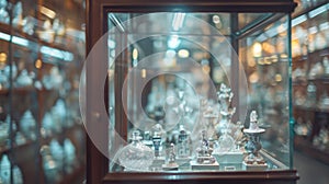 Defocused rows of delicate glass cases each holding a piece of Hazy Historys mysterious past.