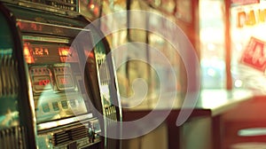 Defocused silhouette of a retro jukebox against a hazy backdrop of old music posters evokes a sense of nostalgia and photo