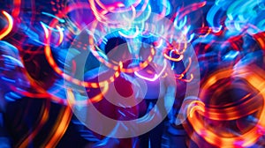 Defocused swirls of neon lights enveloping a crowded dance floor the pulsating beats of the music adding to the chaotic