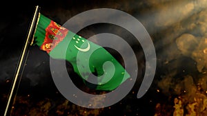defocused Turkmenistan flag on smoke with sun beams background - problems concept - abstract 3D rendering