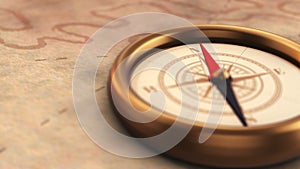 Defocused Vintage Compass Pointing North on Old Map with Copyspace