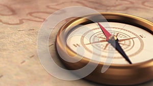 Defocused Vintage Compass Pointing North on Old Map with Copyspace