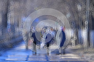 Defocusing city with people crowd