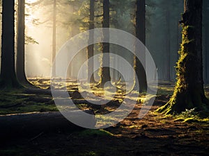 Deforestation concept, tree trunks and stumps in woodland