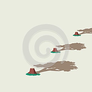 Deforestation and environment damage vector concept with cut trees and their former shadows. Symbol of ecology disaster