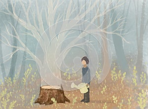 Deforestation is an environmental problem. Metaphor. Man near a hemp, with a ghost of a tree