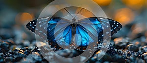 Deforestation harms animals like the bright blue tropical morpho butterfly. Concept Deforestation,