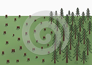 Deforestation landscape, big trees and a lot of stumps, vector illustration