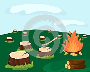 Deforestation for logging vector illustration. Cutting down forest. Stumps after felling trees. Ax, logs, fire.