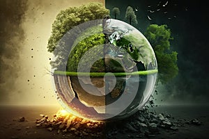 Deforestation and planet ecology problem, concept of Conservation and Renewables, created with Generative AI technology photo