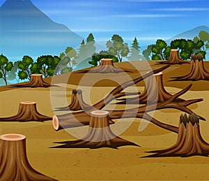 Deforestation scene with chopped woods illustration