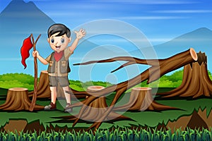 Deforestation scene with a scout boy