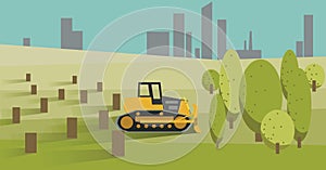 Deforestation with Yellow Bulldozer. Vector Illustration