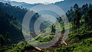 Deforested area contrasted with lush forest