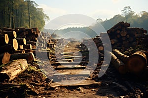 A deforested area with a wooden walking path. Copped down logs in piles around it. Fog and forest in the background