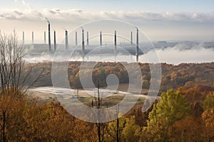 deforested landscape with towering smoke stacks from nearby coal plant