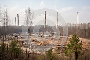 deforested landscape with towering smoke stacks from nearby coal plant