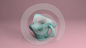 Deformable cup, blue on the outside and white inside on a pink background. 3D render.