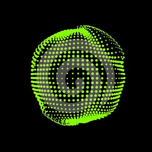 A deformed deflating sphere formed from a sea of dots. An unstable sphere, iridescent with abstract smooth deformations